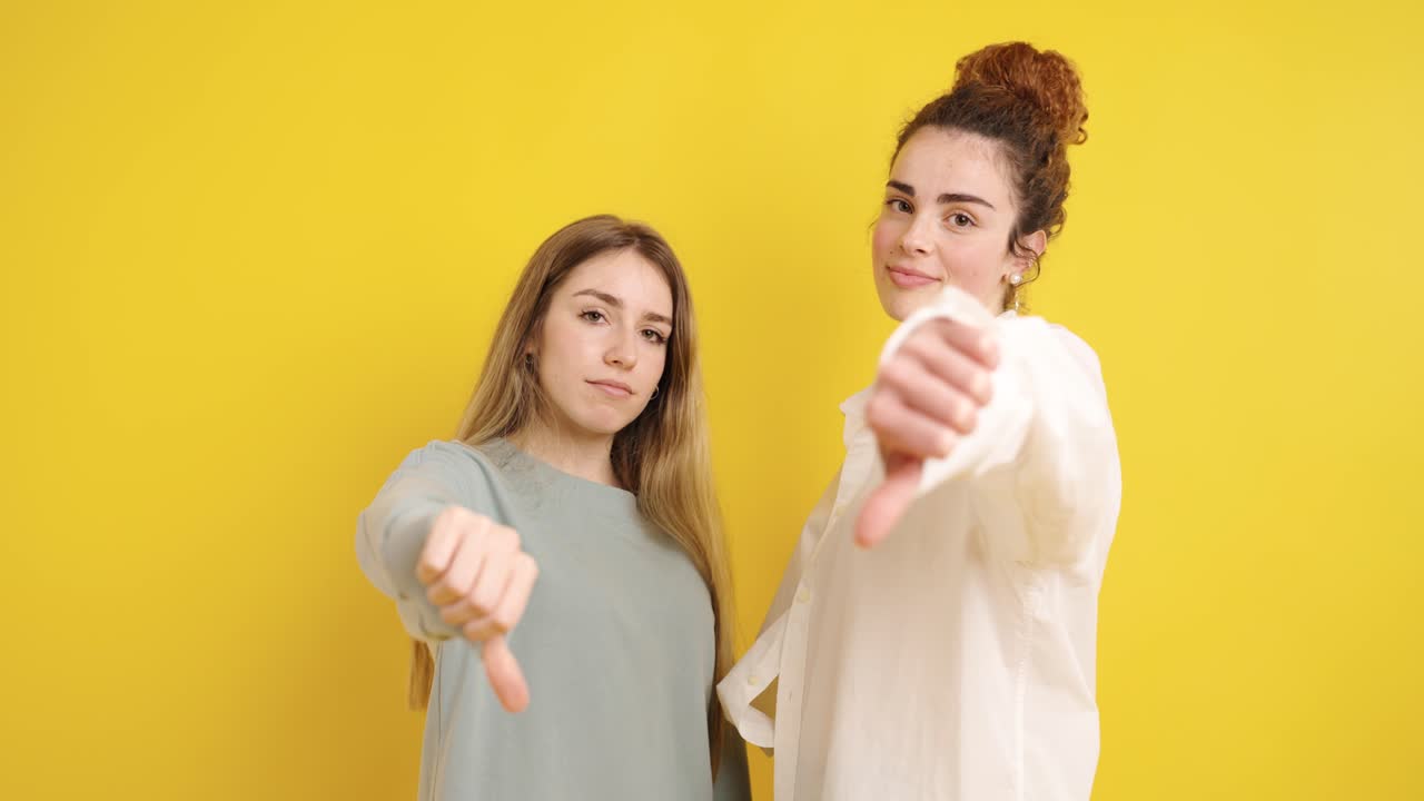 Young women showing thumbs down on yellow background