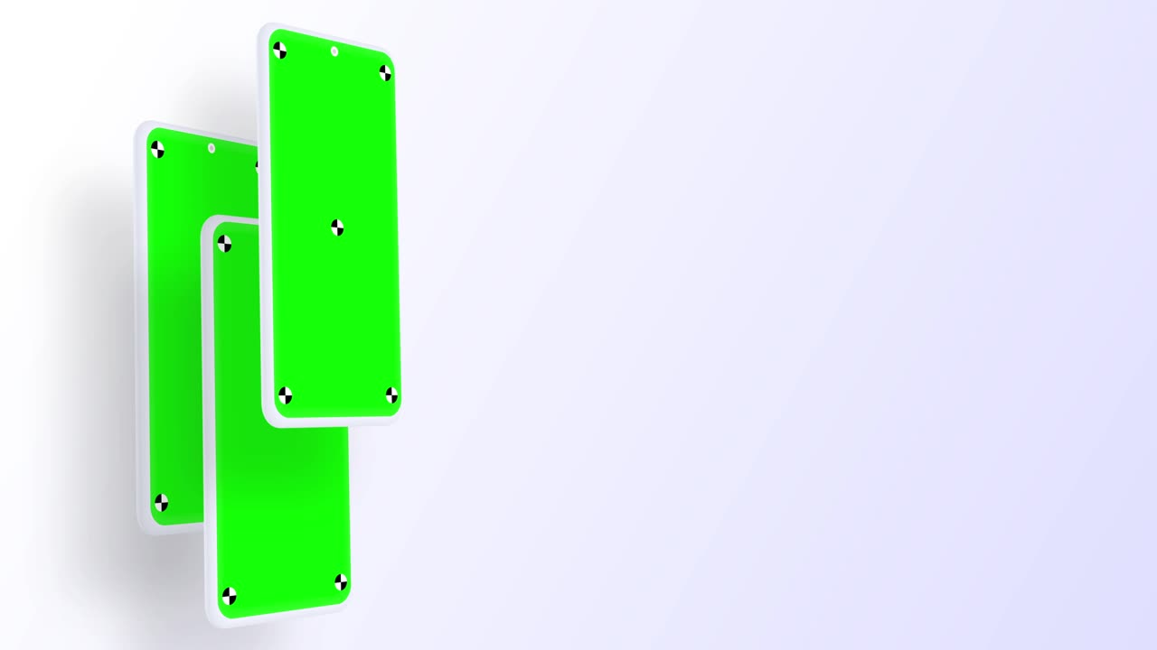 renderizado en 3d de tres teléfonos inteligentes con un fondo blanco. girando en pantalla. con una pantalla verde para una fácil tecla. imagen generada por computadora. fácil de personalizar