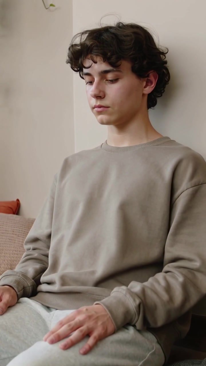 Video verticale: Un uomo si sistema muovendo le mani sul divano di casa, tra cuscini beige e color ruggine e una pianta.