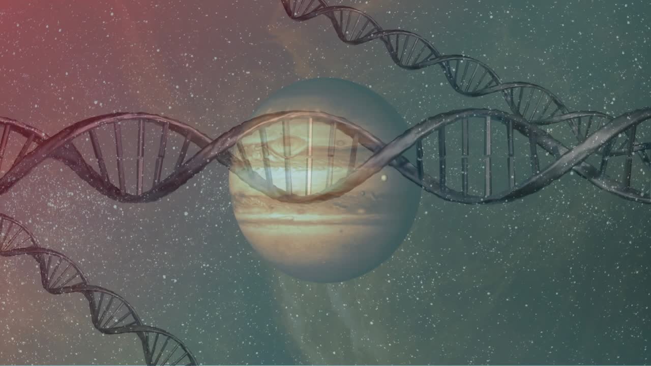 Emergendo dal bordo sinistro, un'elica di DNA metallica fluttua attraverso un gigante gassoso, illustrando un legame cosmico.