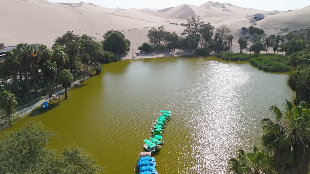 A mesmerizing aerial shot of the Huacachina lagoon with its green waters, surrounded by a lush grove of palm trees and towering sand dunes