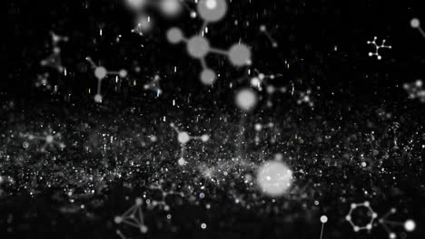 animación de moléculas y gotas de agua que caen sobre un fondo negro