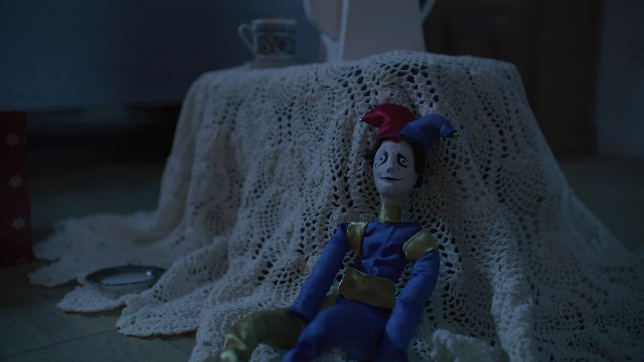 Boneco de Bobo da Corte sobre uma Toalha de Mesa