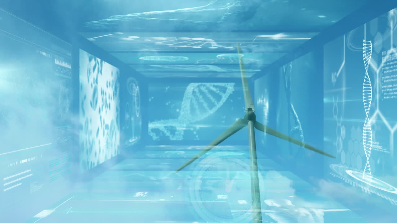 Animation of wind turbine spinning in digital corridor with DNA and data visuals