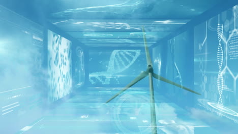 animation of wind turbine spinning in digital corridor with dna and data visuals
