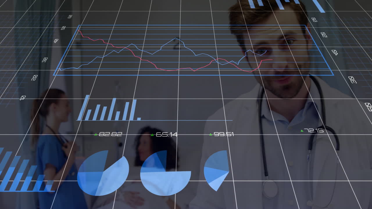 Male doctor and female nurse monitoring patient in ward, showing floating bar chart overlays