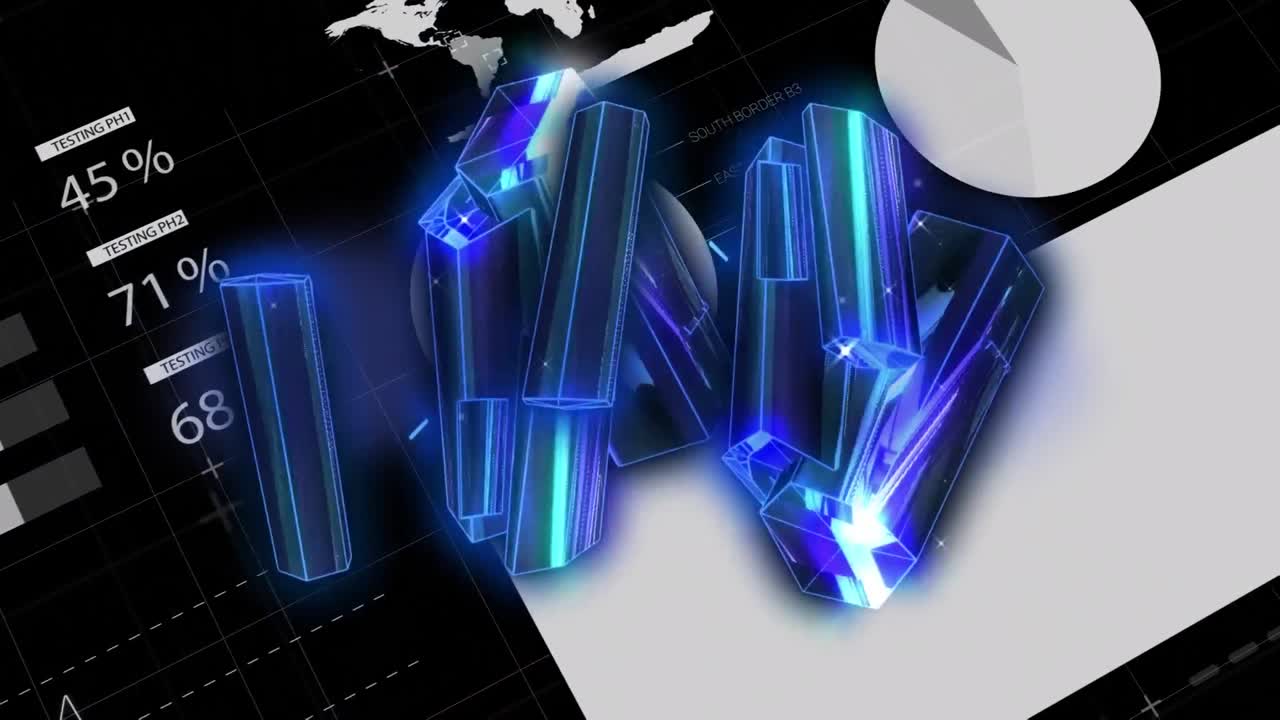 그래프, 데이터 및 검은색 배경 위에 파란색 다이아몬드의 애니메이션