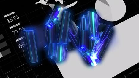 animación de diamantes azules sobre gráficos, datos y fondo negro