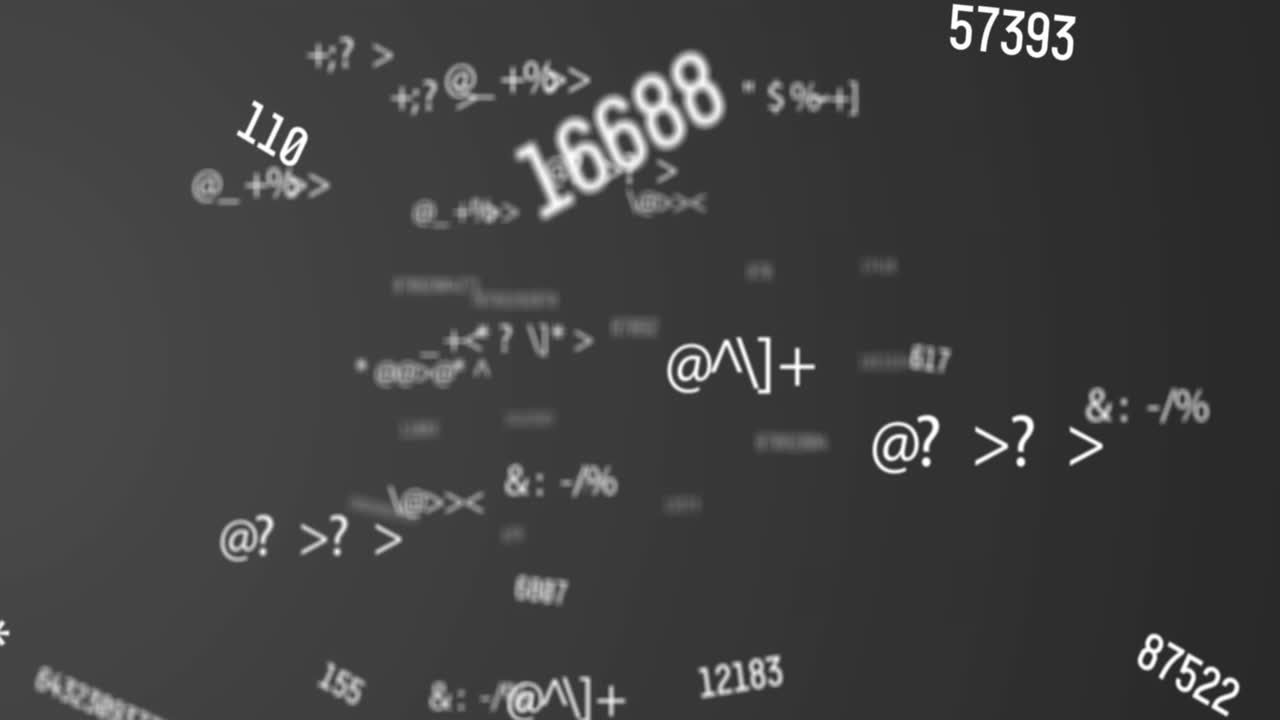 Digital animation of multiple changing numbers and symbols floating against grey background