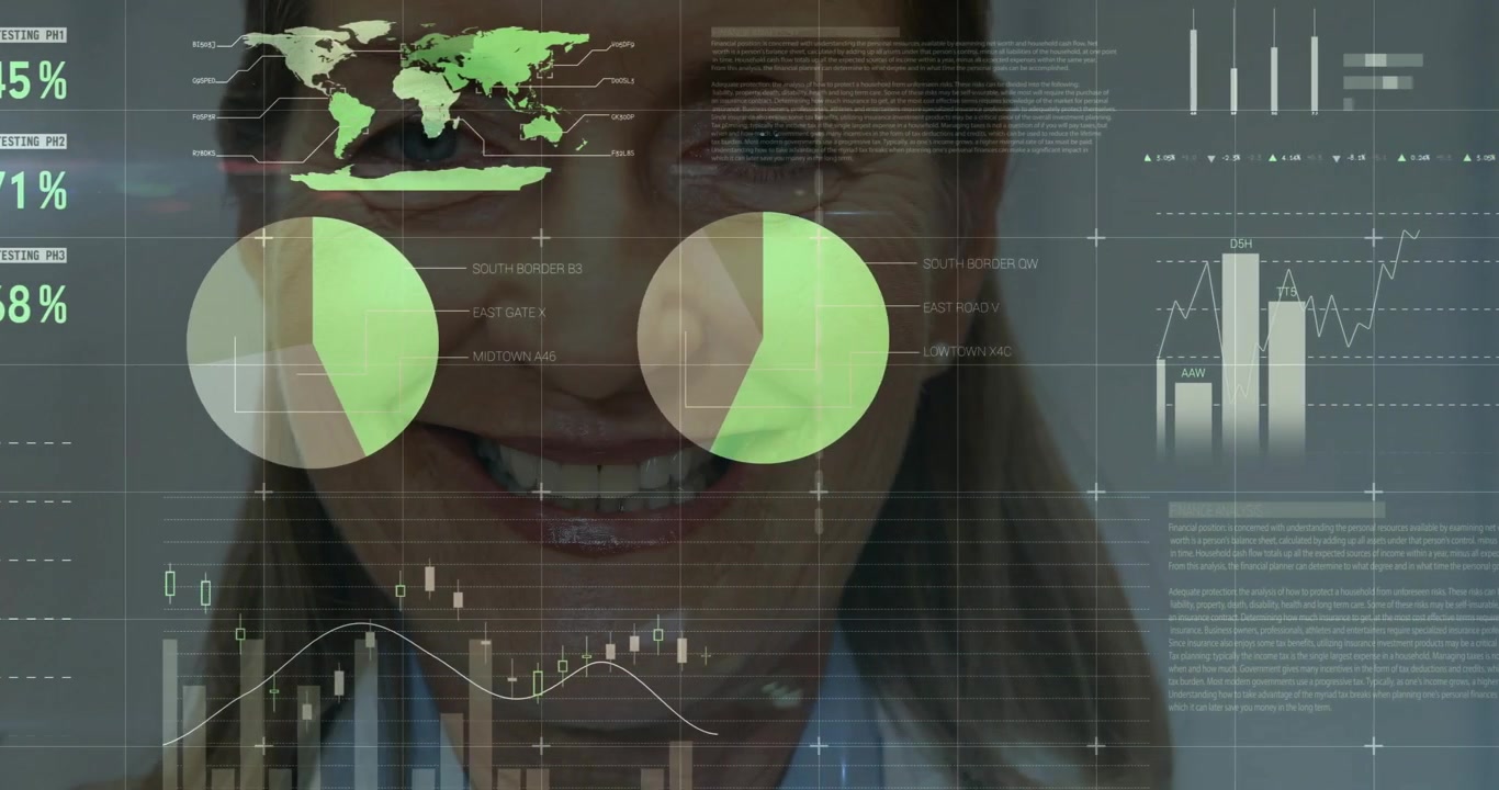 Senior female doctor wearing lab coat and stethoscope analyzing health tech infographics overlay
