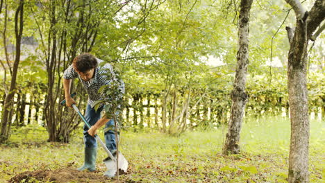 portrait of a farmer planting a tree. he uses the spade to put soil onto the roots. blurred background