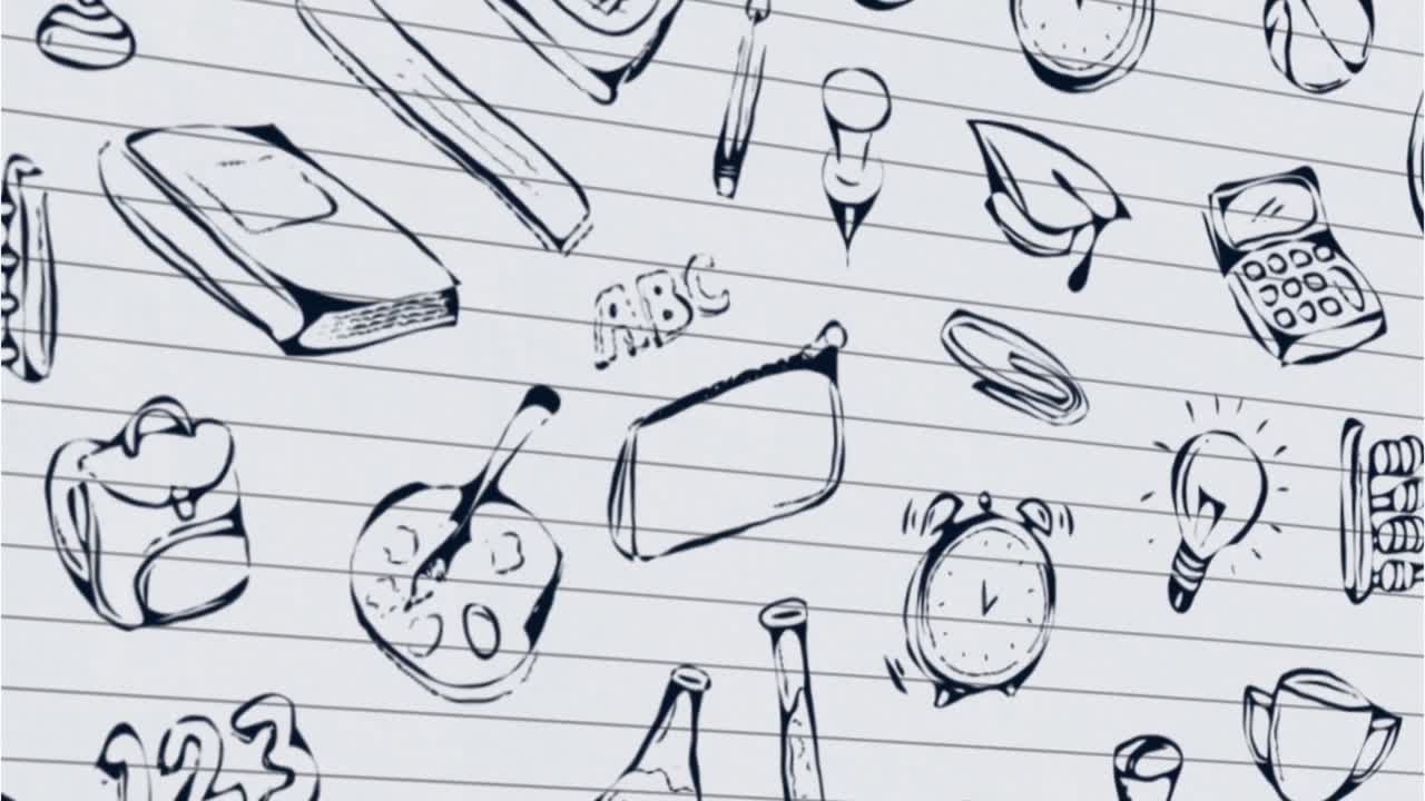 학교 개념 아이콘이  ⁇  줄로 된 종이를 따라 움직이고 있습니다.