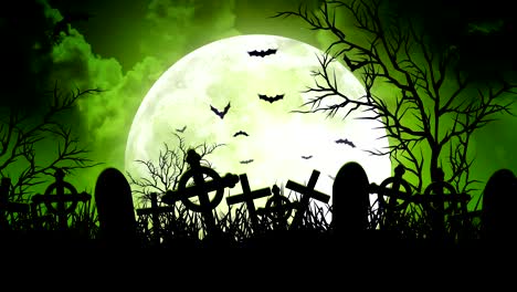 holloween cemetery and moon and bats