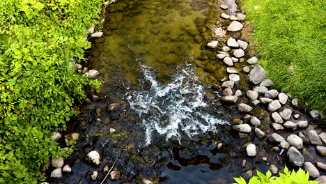 Shot-of-small-river-flowing,-looking-down,-camera-mounted-on-tripod