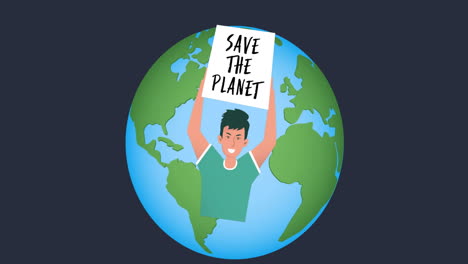 animation of boy with save the planet banner over globe on dark blue background