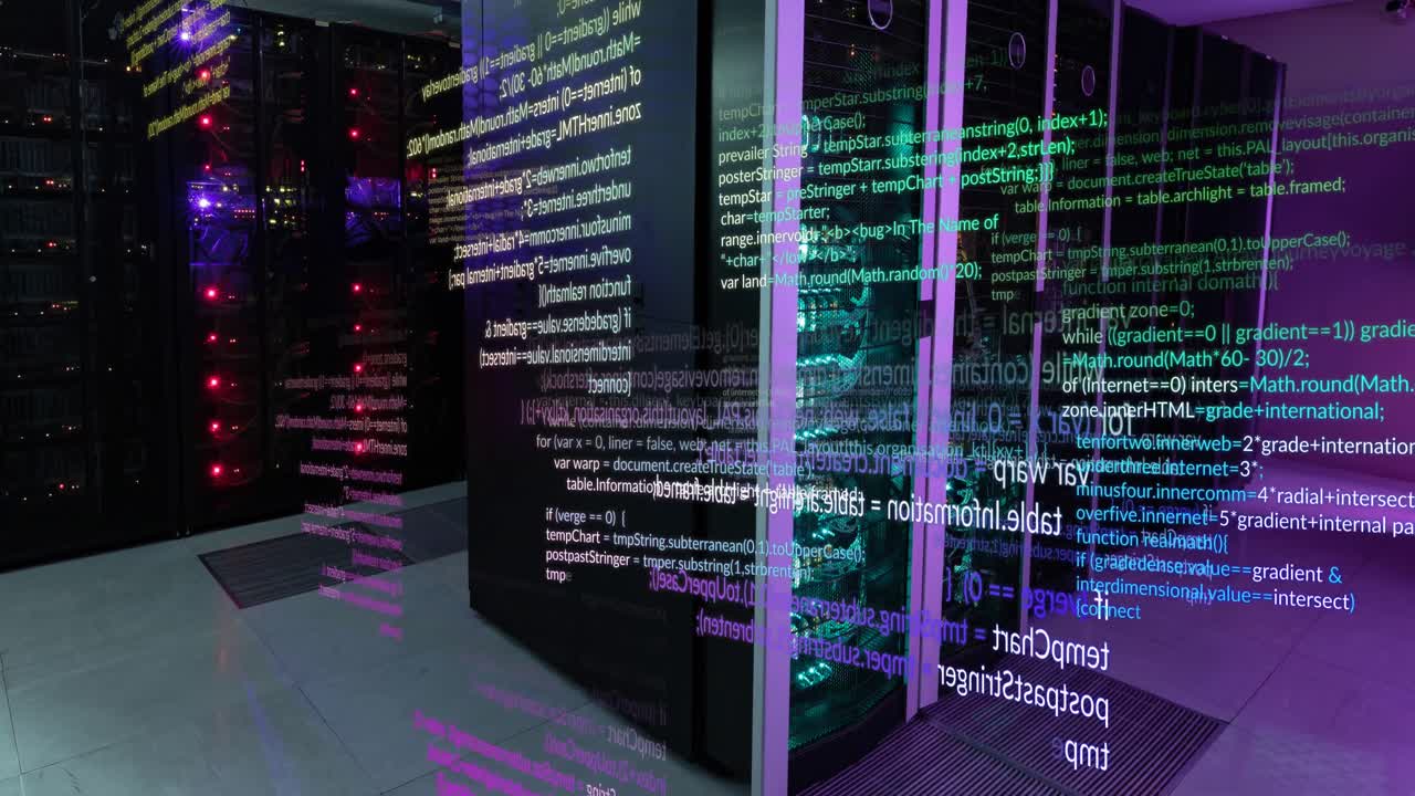 animação do processamento de dados contra a sala de servidores de computador