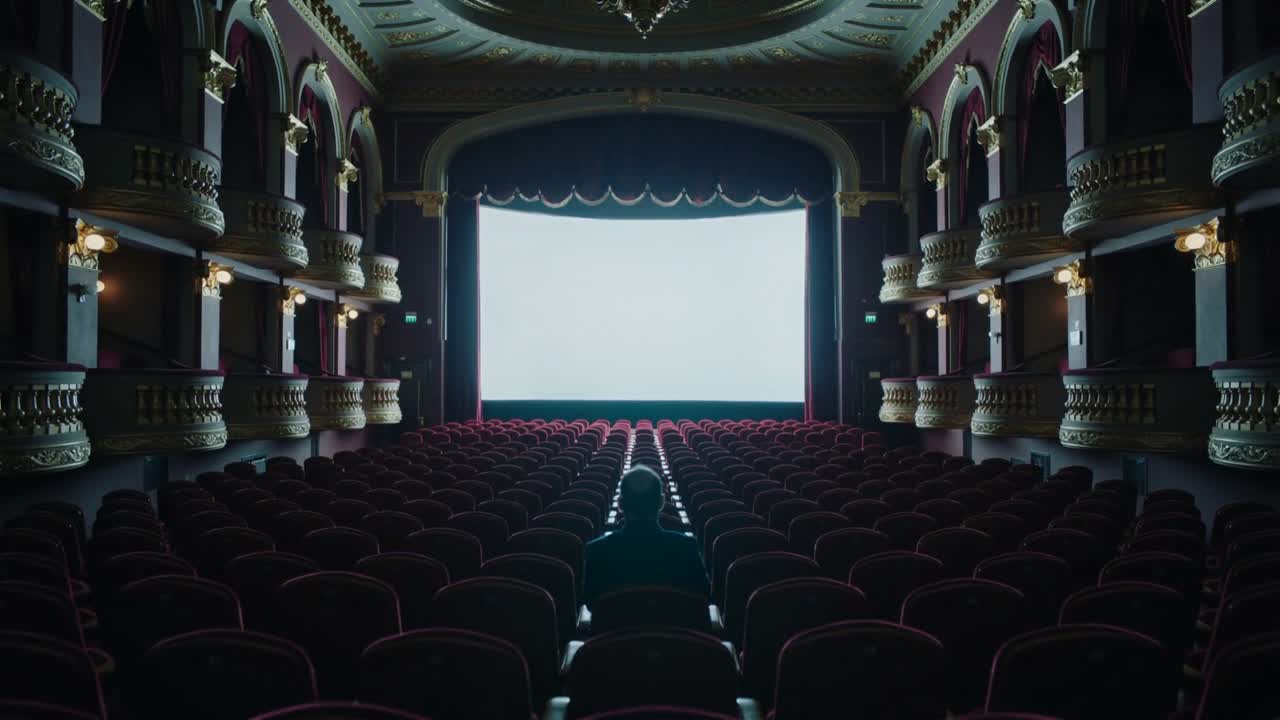 Zuschauer im dunklen Mantel wartet im Filmpalast auf den Film, nachdem der leere Bildschirm aufleuchtet.
