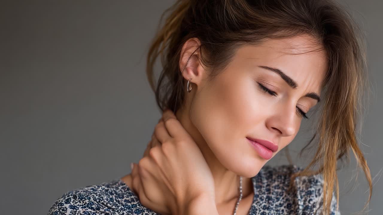 Una donna pensierosa che si tocca delicatamente il collo, esprimendo un momento di introspezione e serenità, catturata in due inquadrature intime che mostrano la sua profondità emotiva e bellezza