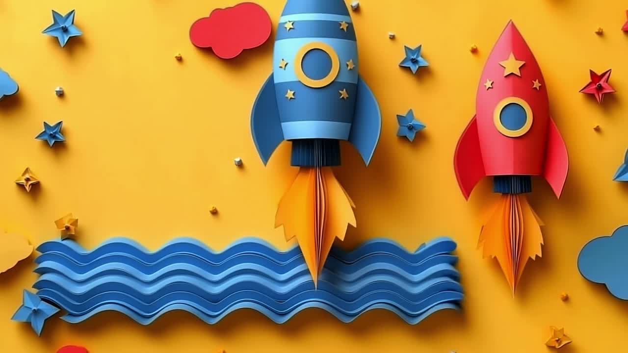 Vivid rockets on bright backdrop. Colorful paper rockets fly in a yellow sky, surrounded by clouds and stars, creating a playful scene.