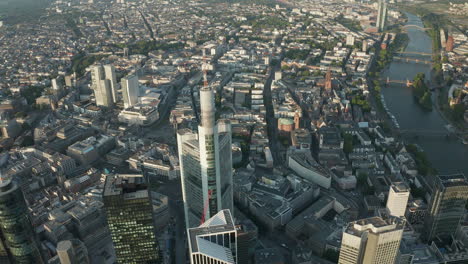 AERIAL:-Frankfurt-am-Main-Center-Skyline-in-Beautiful-Summerlight-with-Empty-Streets-due-to-Coronavirus-Covid-19-Pandemic-in-June-2020