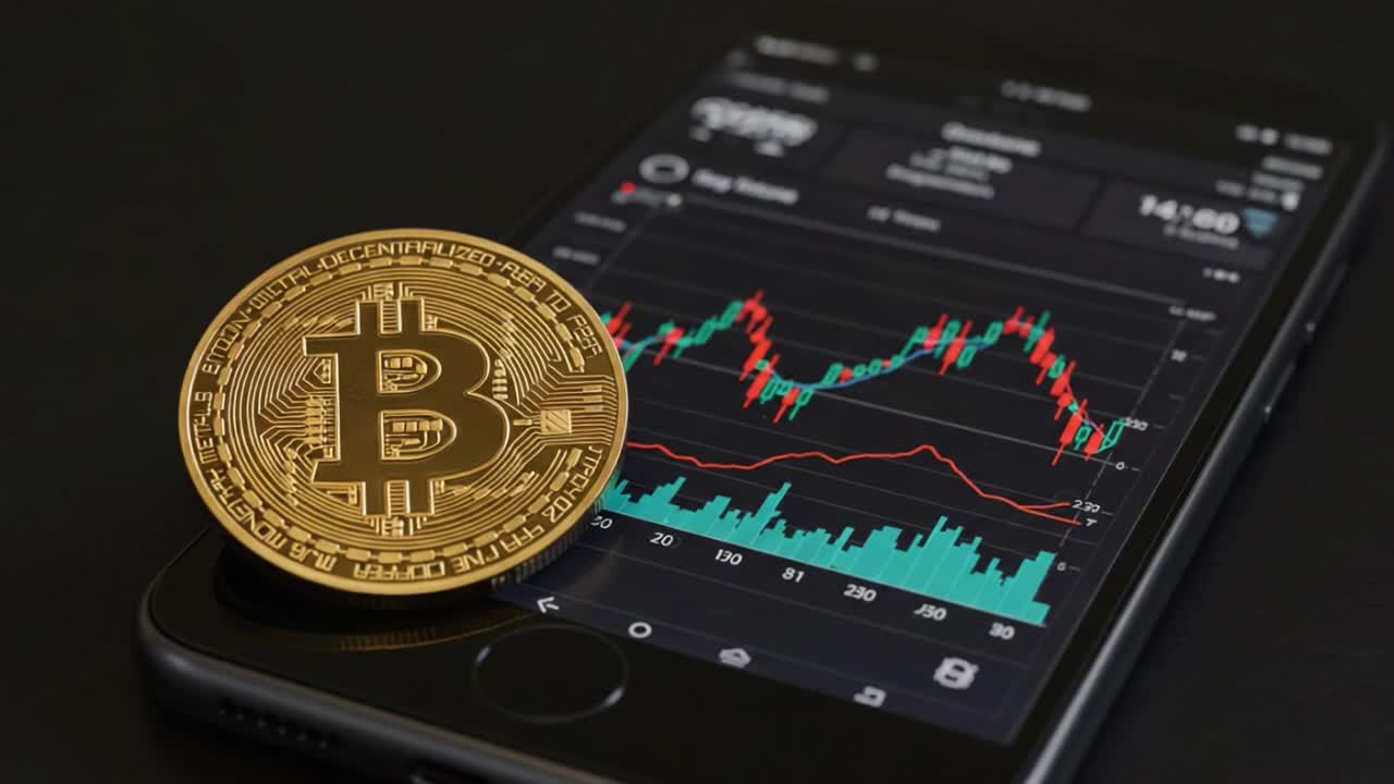 Visualizing Cryptocurrency Trends: A Golden Bitcoin Coin Positioned Over a Mobile App Displaying Bitcoin Price Fluctuations and Market Analysis