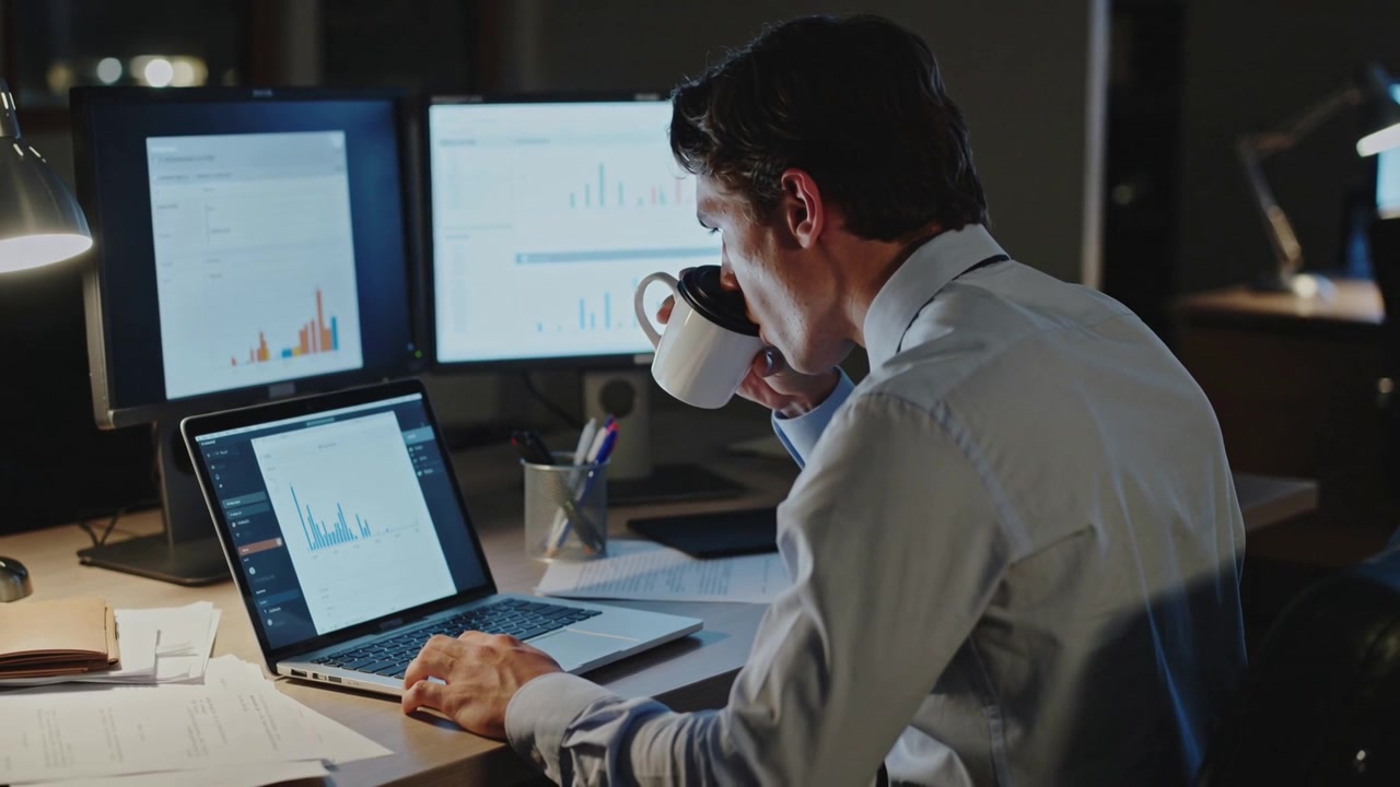 Working late, man in shirt and tie at laptop, sipping mug, checking monitors, copy space
