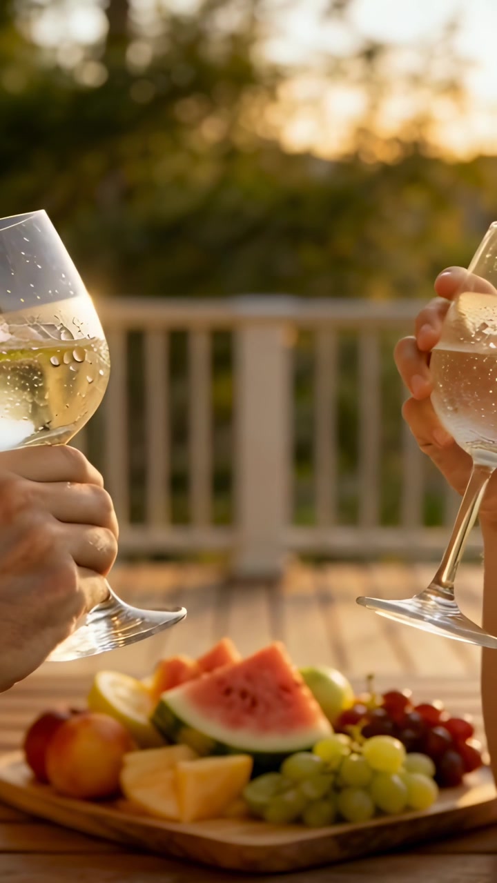 Video verticale: Due mani che brindano con calici di vino sul ponte al tramonto, con persone in maniche corte vicino alla frutta.