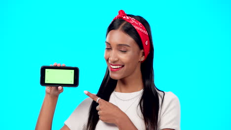 Green-screen,-phone-and-face-of-gen-z-woman