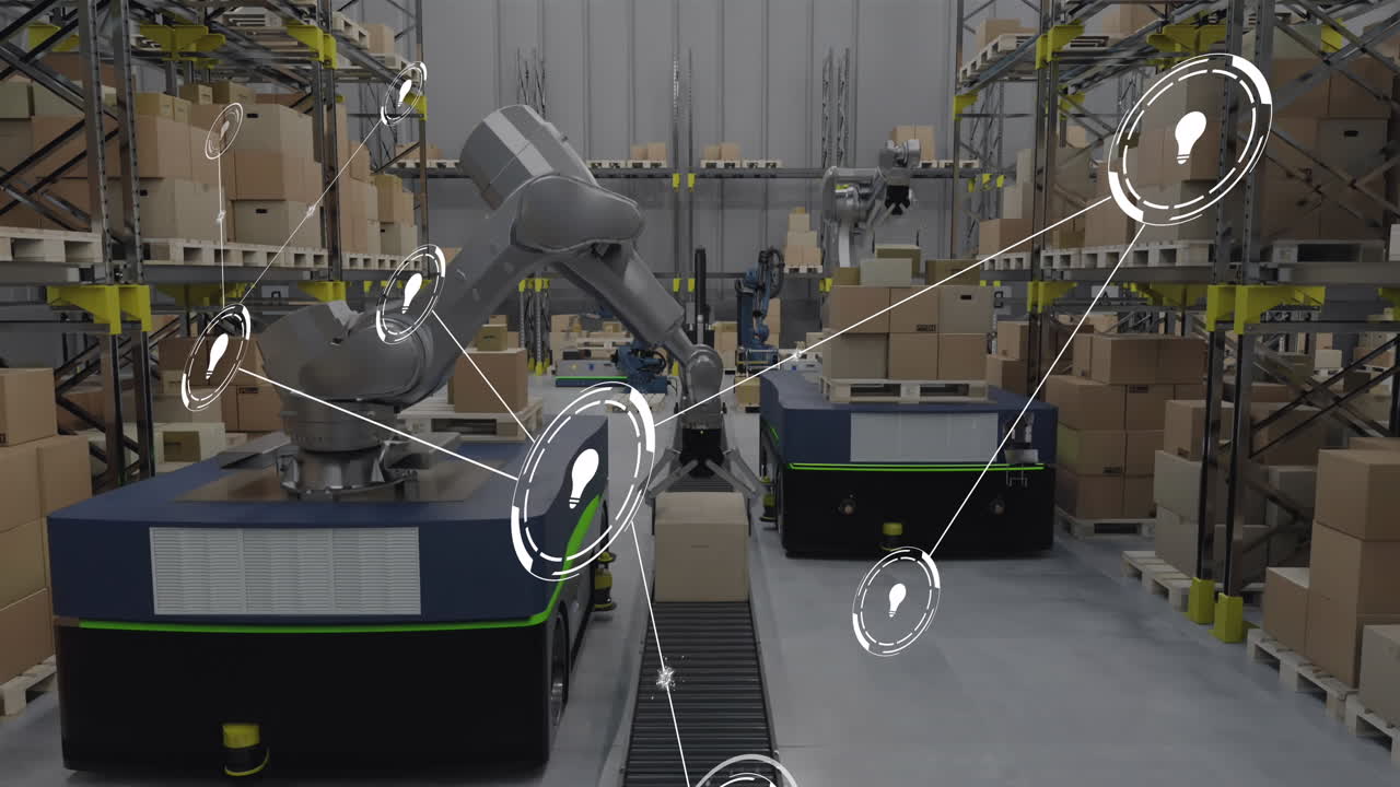 Animation of network of conncetions with icons over boxes on conveyor belt in warehouse