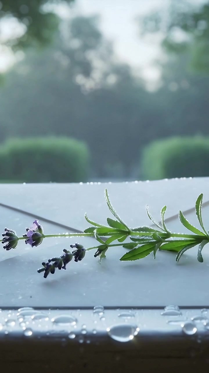 Video verticale: Un rametto di lavanda entra nell'inquadratura e si posa su una busta su un davanzale bagnato, per un'atmosfera di calma.