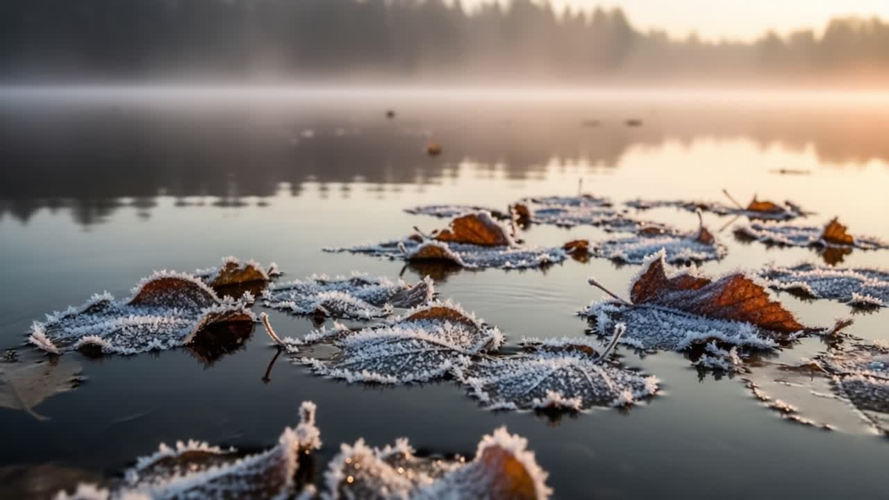 En fredfyldt vinterscene med frostbeklædte blade på en stille vandoverflade ved daggry, omgivet af blød tåge og glødende lys.