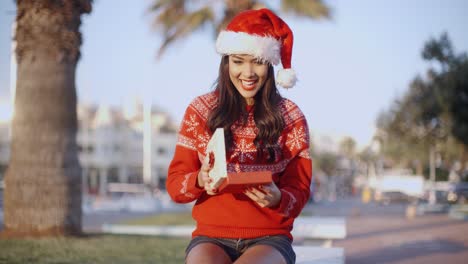 Hübsche-Junge-Frau-In-Weihnachtsmannmütze