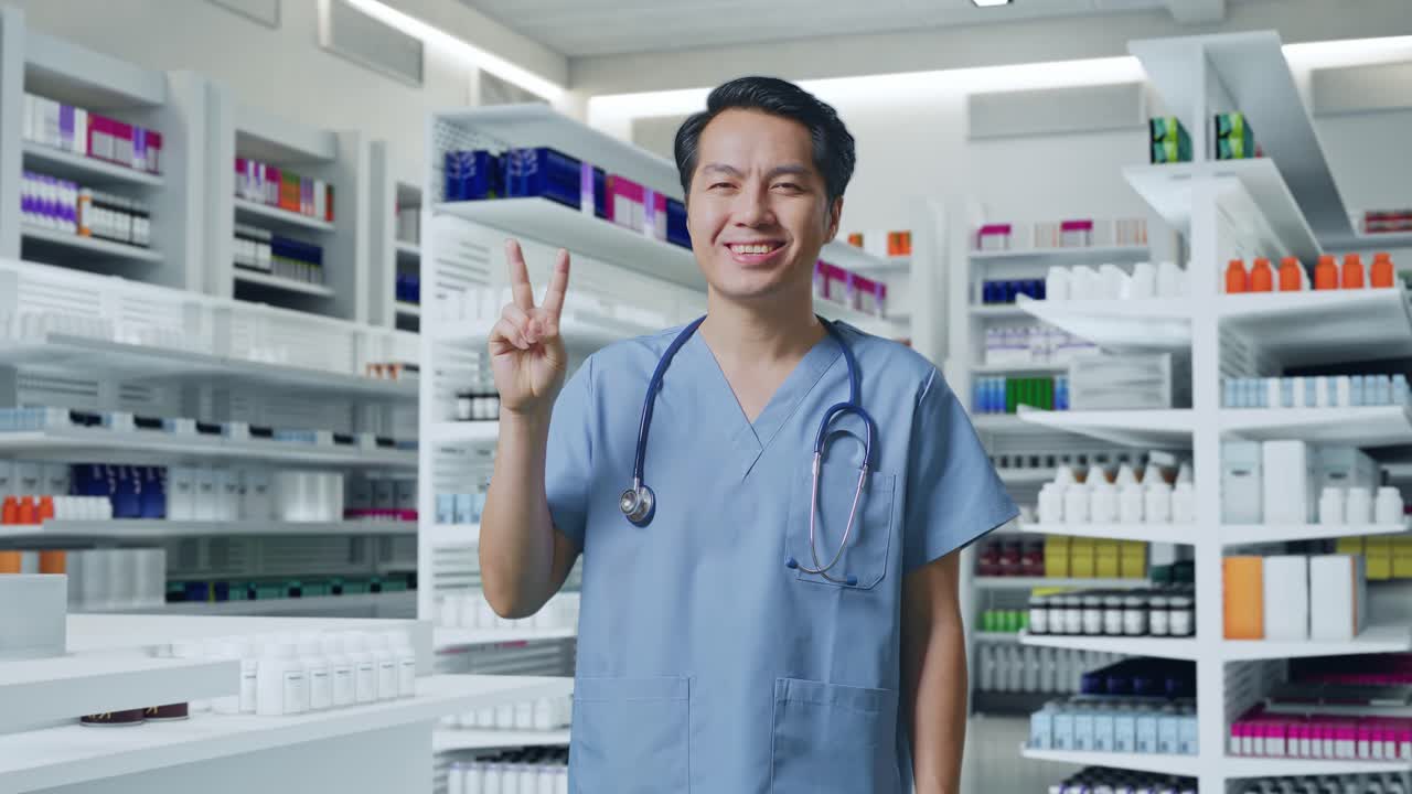 스테토스코프를 들고 있는 아시아 남성 의사는 약국에서 평화와 미소를 짓는 몸짓을 보여준다.