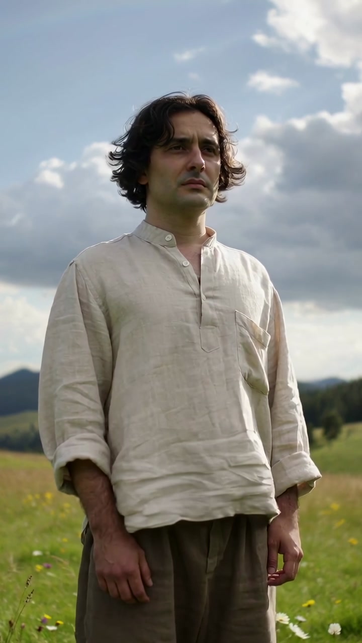 Vertical video: Facing man in loose shirt shifting gaze in meadow, wind moving hair and flowers
