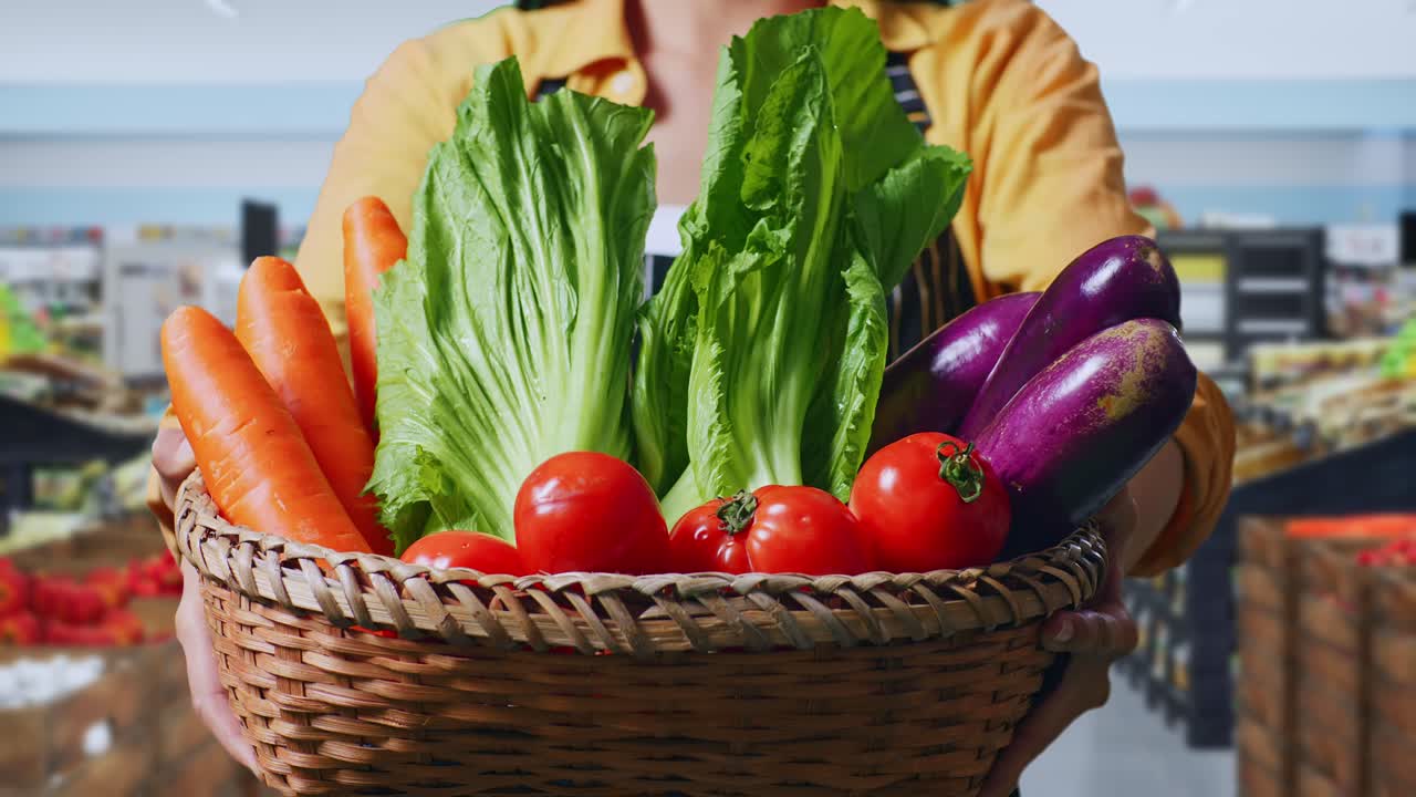 Close Up Of Asian Female Farmer Giving Basket With Vegetable in Grocery Store