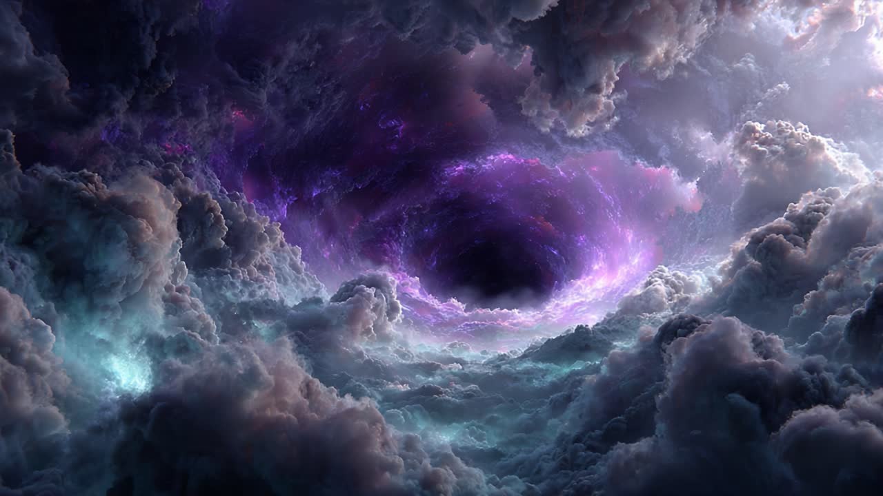En fascinerende himmelvirvel snor seg gjennom et kosmisk hav av skyer, og blander nyanser av lilla og blått, og skaper en eterisk atmosfære som innbyr til utforskning og undring