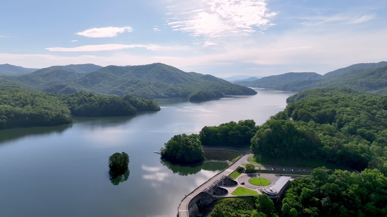 aerial fontana lake and dam, tallest dam in eastern united states