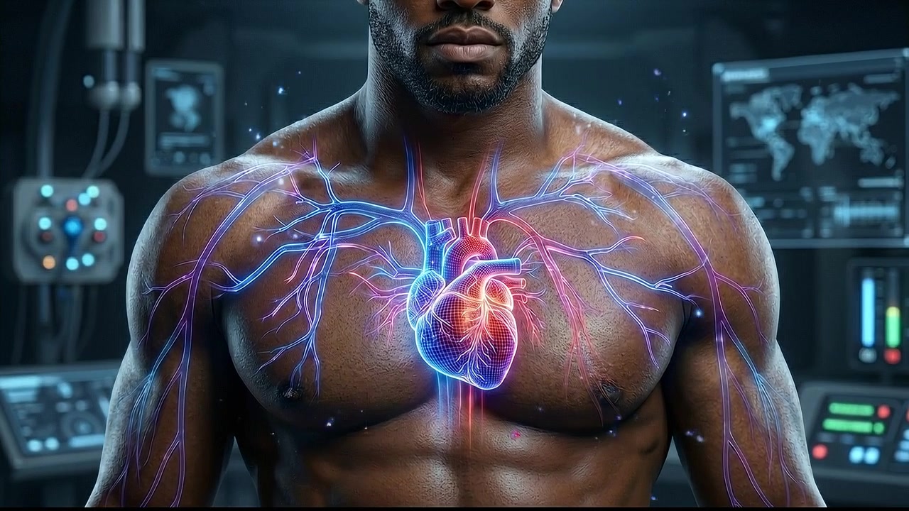Torso maschile muscoloso con visualizzazione medica della rete cardiovascolare illuminata
