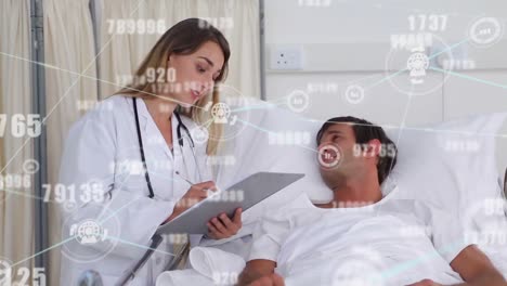 Animation-of-changing-numbers-and-digital-icons-over-caucasian-female-doctor-talking-on-male-patient