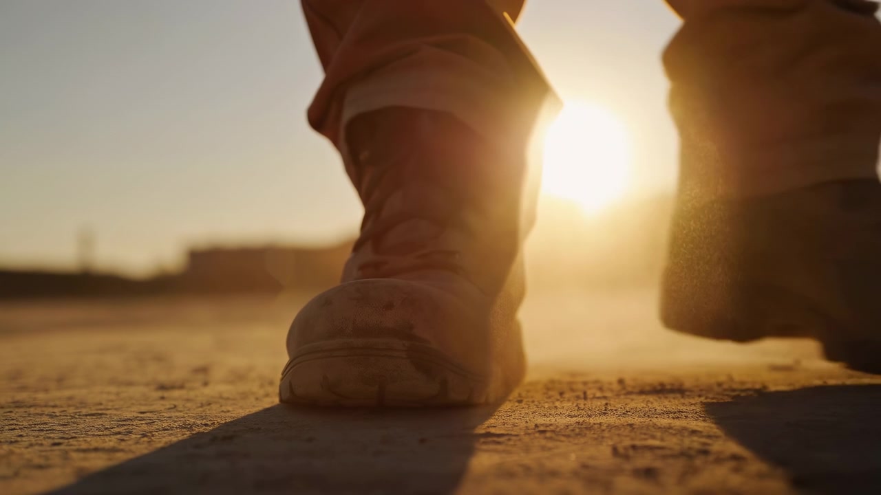 Primo piano estremo dal basso mostra scarpe allacciate consumate e la parte inferiore delle gambe che si muovono su cemento ruvido all'ora d'oro, con retroilluminazione calda, ombre nette, polvere e un'atmosfera urbana grintosa.