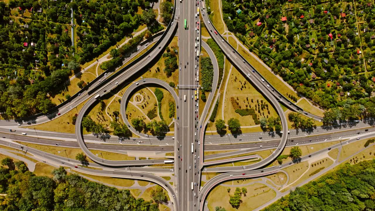 Aerial static top down of Warsaw northern highway interchange with cars