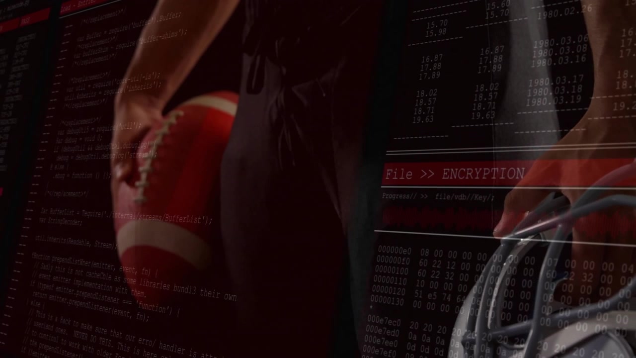 American Football Player Holding Helmet and Ball with Digital Data Overlay
