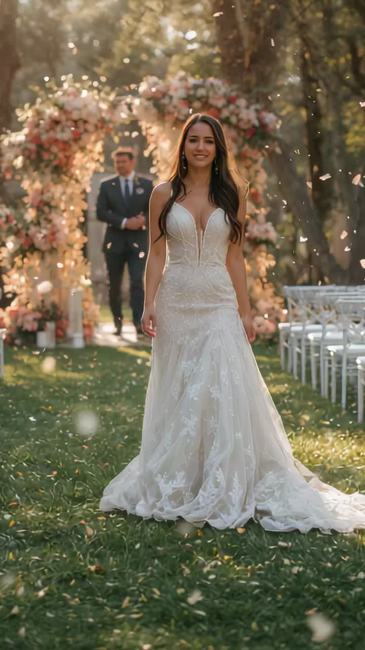 Video verticale: sposa in abito di pizzo che percorre la navata in un parco per raggiungere lo sposo sotto un arco fiorito