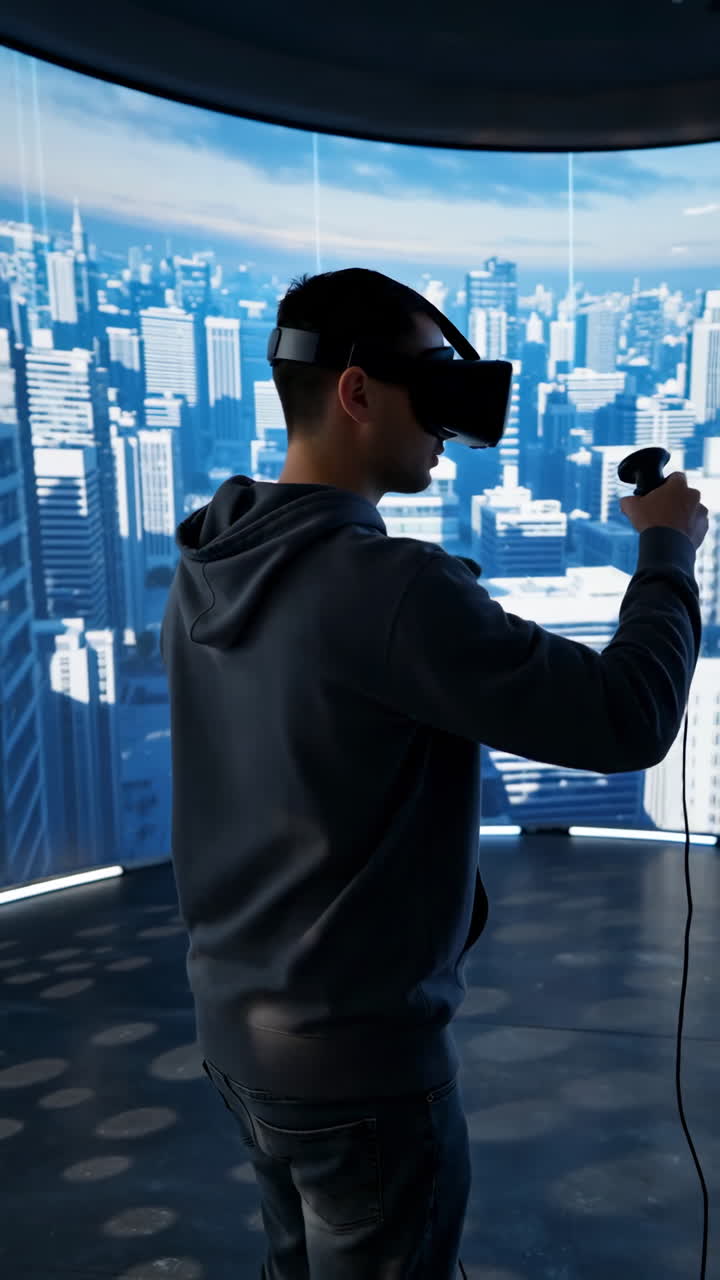 Person experiencing virtual reality in a futuristic cityscape environment