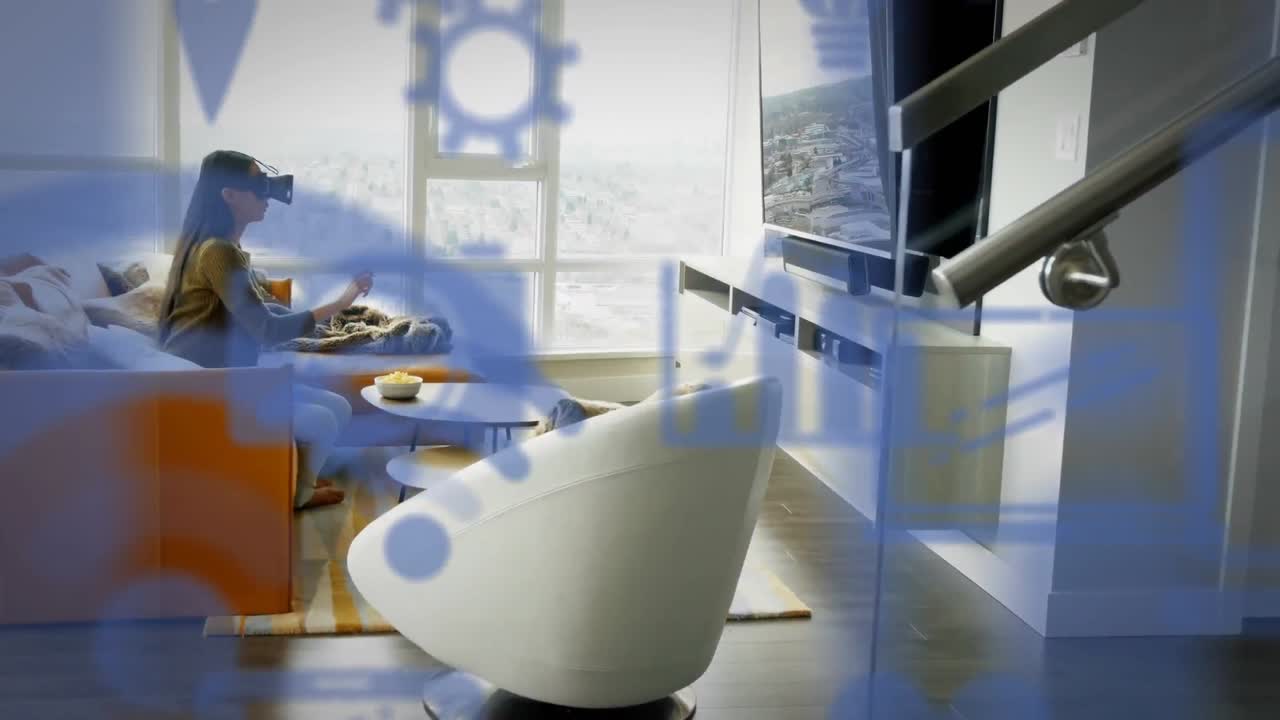 푸른 아이콘 위에서 게임을 하는 백인 여성의 애니메이션