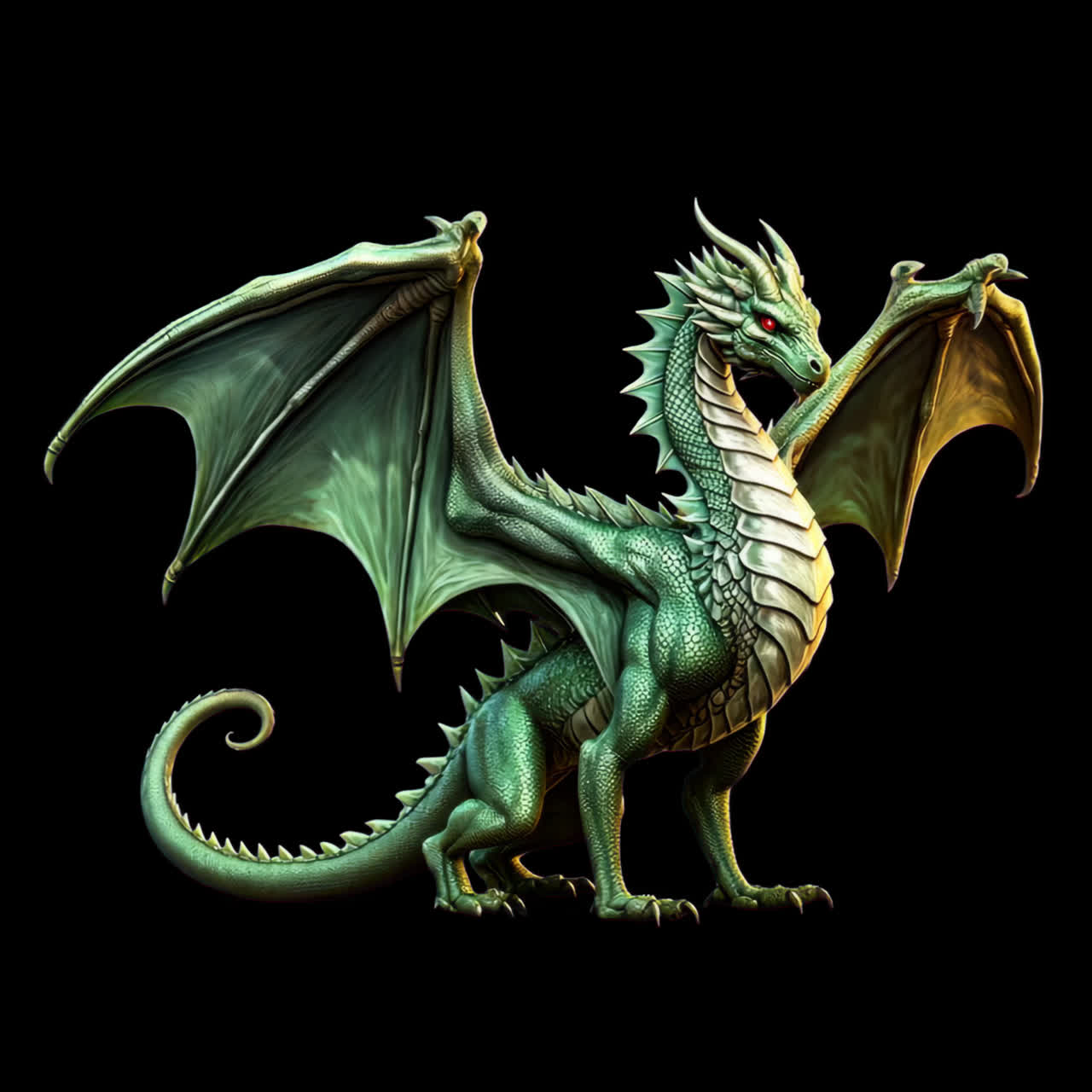 Animazione di illustrazione di drago verde maestoso, risorsa isolata, video 4K trasparente, canale alfa