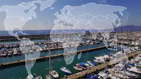 animation of world map and data processing over marina and cityscape