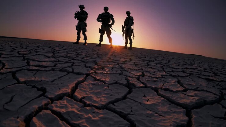 Soldati in silhouette su terra screpolata al tramonto, ripresi dal basso.