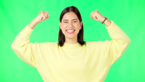 Strong,-happy-face-and-woman-muscle-with-green