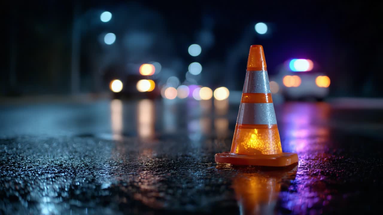 Traffic Safety at Night: An Attention-Grabbing Scene Featuring Road Cones and Police Lights Reflecting on Wet Pavement